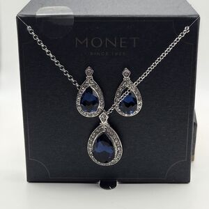 Monet Blue And Silver-Tone Pendant Necklace And Drop Earrings Set